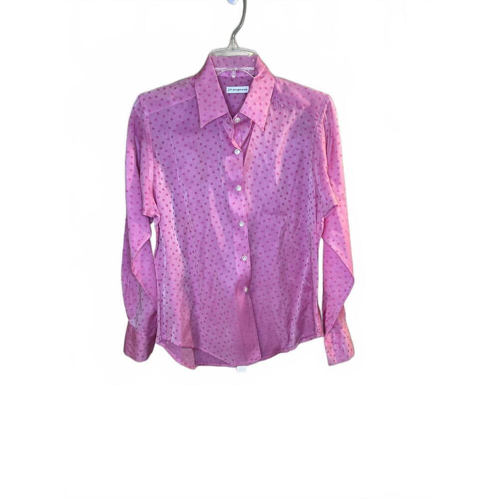 Jill McGowan Pink Polka Dot Silk Cotton Blend Button Down Blouse Classic Size L